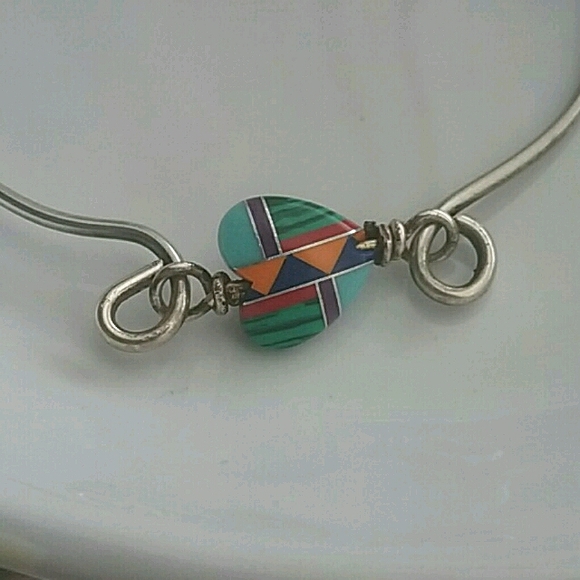 Navajo Multi Gemstone Inlay Heart Bangle SS925 - Picture 4 of 6